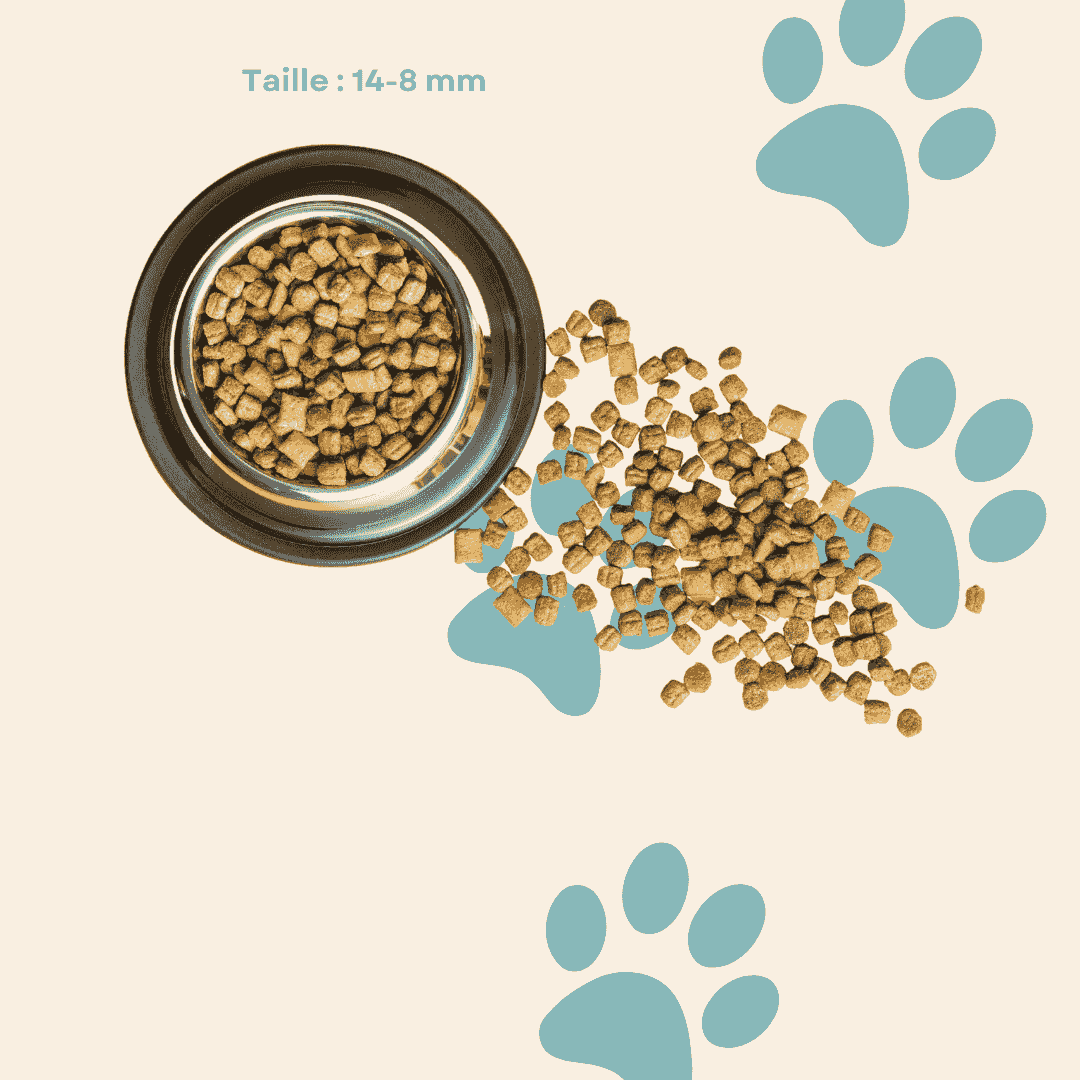 Croquettes au poulet pour chiens sensibles, taille 14-8 mm, idéales pour digestion facile et peau saine. Convient à tous types de chiens.